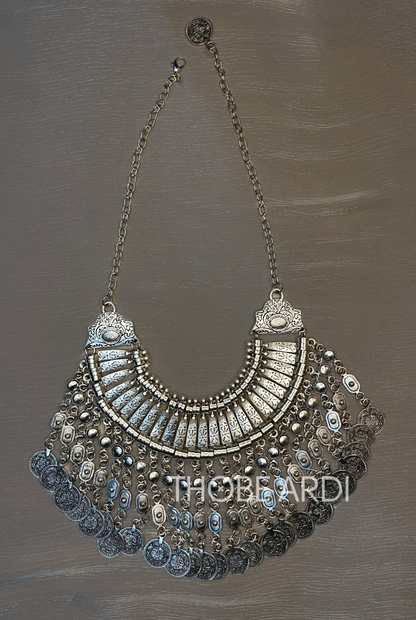 silver coin necklace, lightweight with arab influence and coins, full length photo